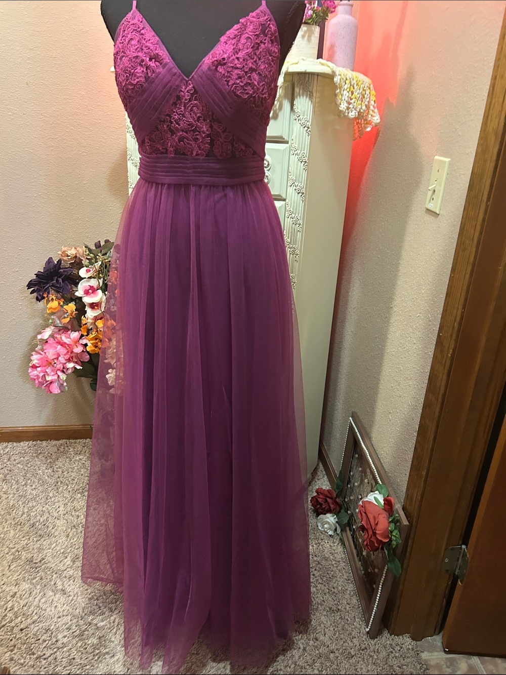 Azazie Plum Lace Bodice Tulle Maxi Dress